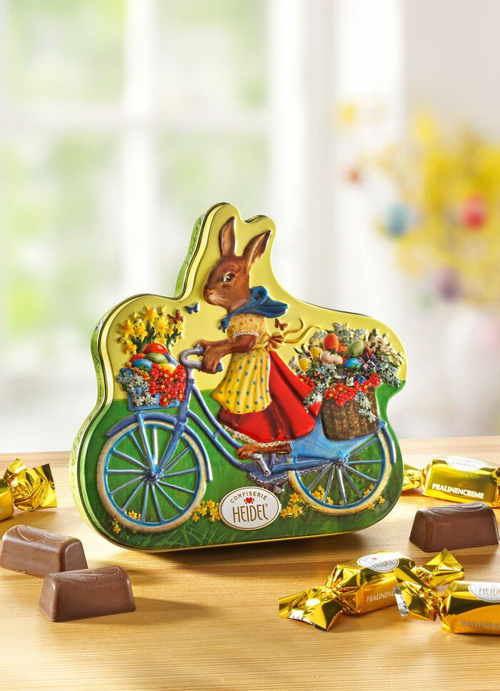 Dose aus Metall mit Motiv Hase auf Fahrrad 