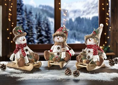 Schneem&auml;nner, 3er-Set, auf Schlitten aus Holz 