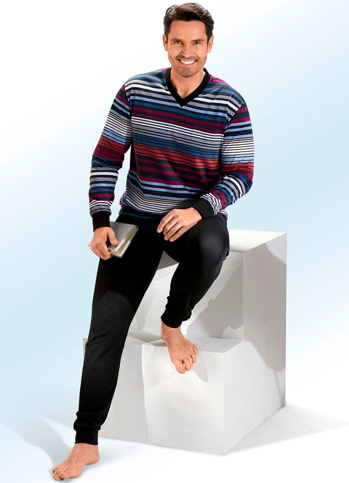 Schlafanzug mit V-Ausschnitt und B&uuml;ndchenabschl&uuml;ssen 