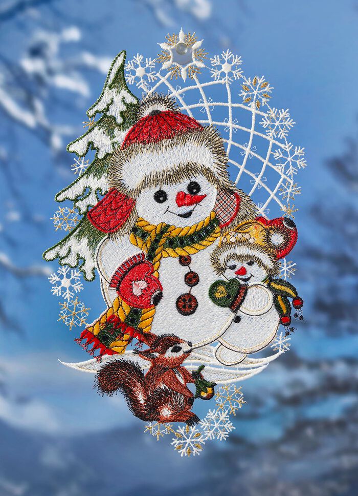 Fensterbild Schneem&auml;nner und Eichh&ouml;rnchen 