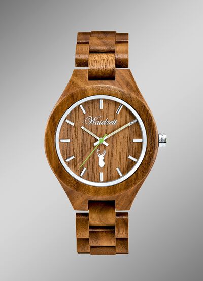 Herrenuhr der Marke Waidzeit, komplett gefertigt aus naturbelassenem Walnussholz 
