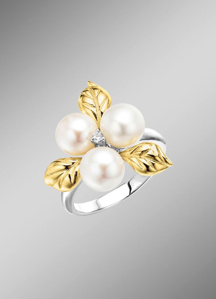 Bl&uuml;hende Eleganz: Damenring mit Muschelkernperlen und synth. Zirkonia 