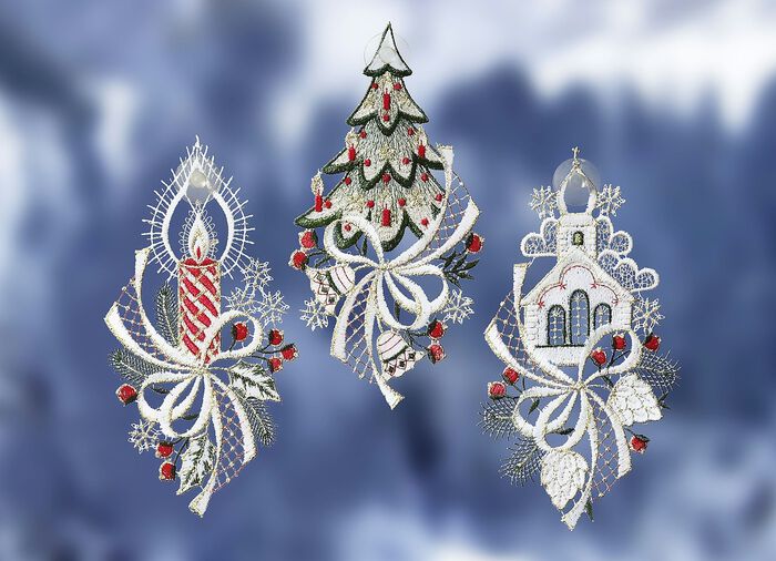 Fensterbild, 3er-Set, aus echter Plauener Spitze 