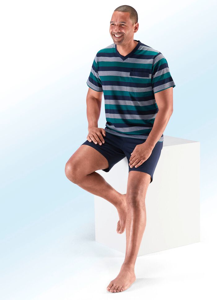 Zweierpack Shortys mit V-Ausschnitt, Brusttasche, garngef&auml;rbtem Ringeldessin 