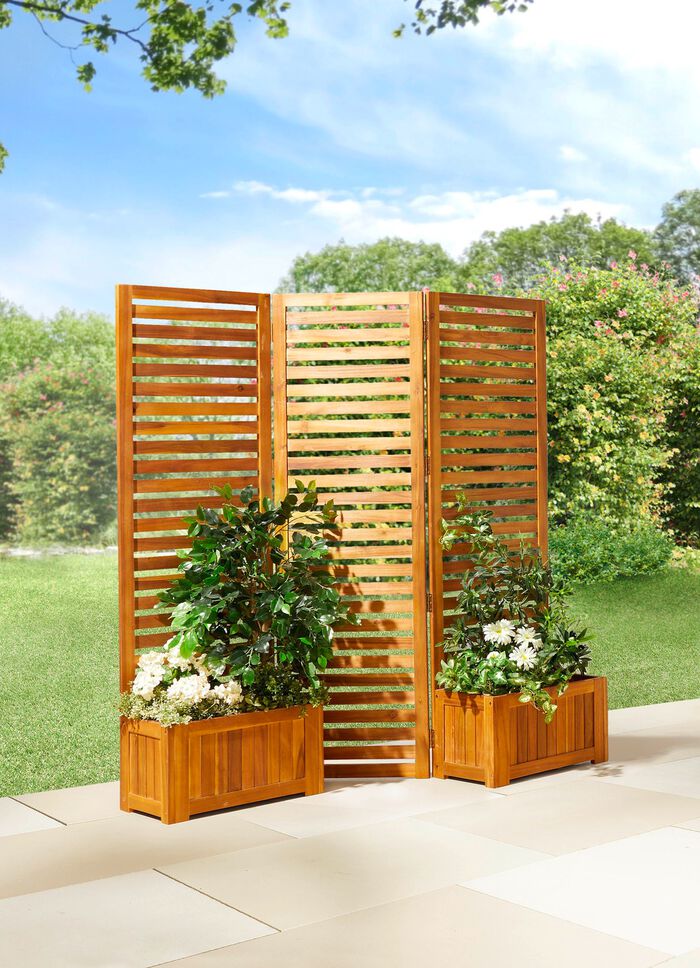 Paravent aus Akazienholz mit 2 K&auml;sten 