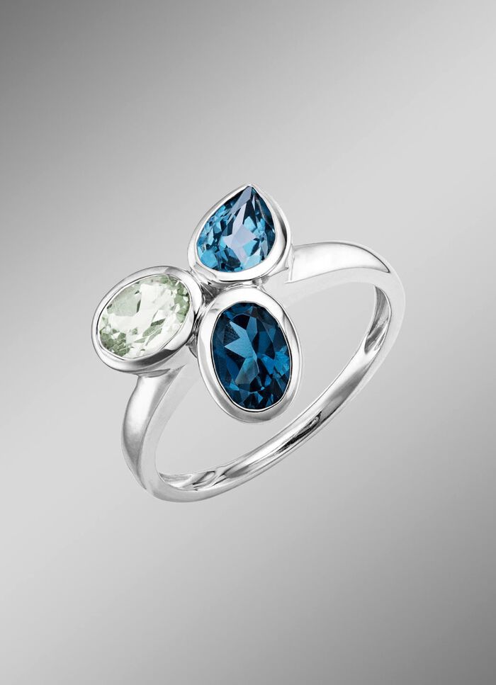 Harmonie der Farben: Damenring mit Blautopasen und gr&uuml;nem Amethyst 