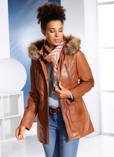 Lederjacke mit Webpelzbesatz 