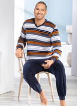 Schlafanzug aus Frottierstretch mit V-Ausschnitt und B&uuml;ndchenabschl&uuml;ssen  