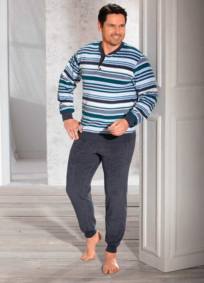 Schlafanzug aus Frottierstretch, mit Knopfleiste und B&uuml;ndchenabschl&uuml;ssen 