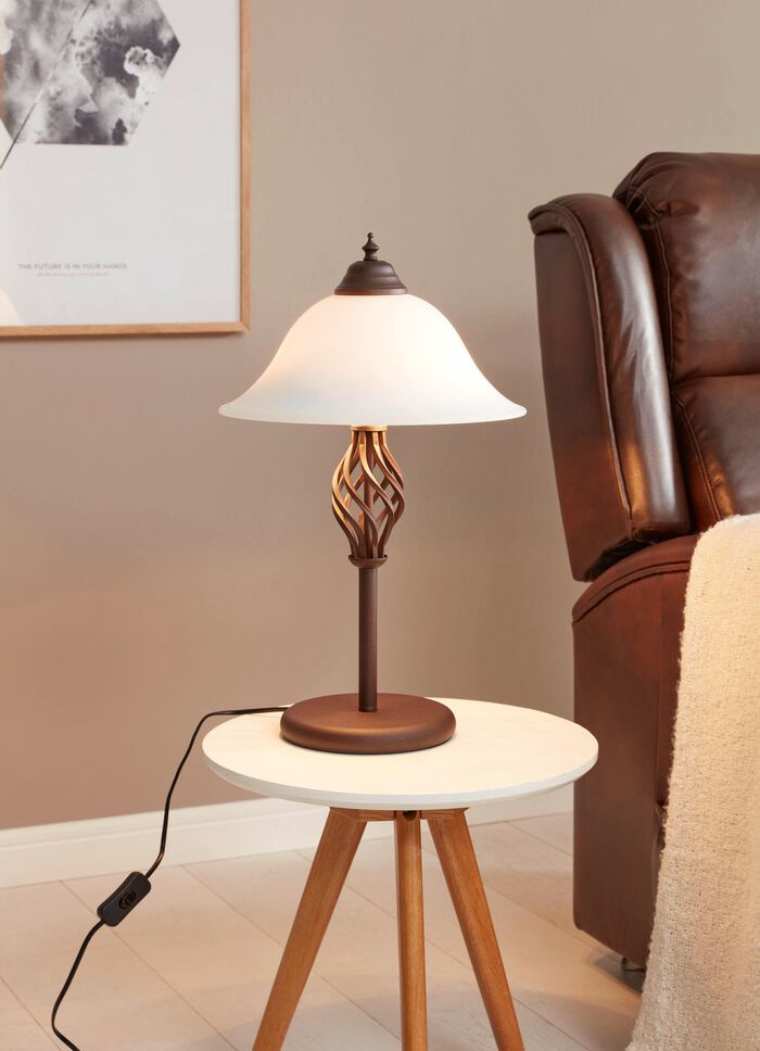 Tischleuchte aus Metall mit Glasschirm 