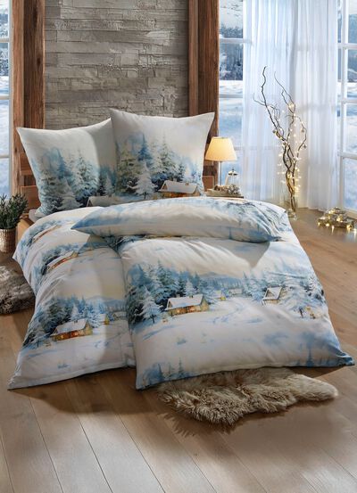 Beidseitig bedruckte Bettw&auml;sche-Garnitur mit Winterlandschaft 