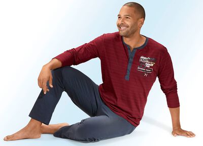 Zweierpack Schlafanz&uuml;ge mit langer Knopfleiste, garngef&auml;rbtem Ringeldessin und Druckmotiv 