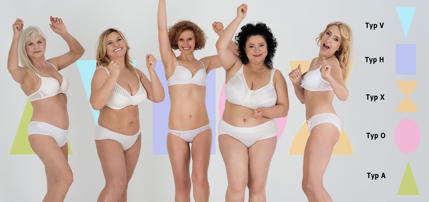Vier lächelnde Frauen mit unterschiedlichen Körperformen